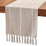 Wracra Rustic Linen Table Runner Farmhouse Style Table Runners 72 inches Long Embroidered Table Runner with Hand-Tassels for Party, Dresser Decor and Dining Room Decorations(Light Coffee, 13'×72')