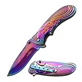 FEMME FATALE – Spring Assisted Open Folding Pocket Knife – Rainbow TiNite Coated Stainless Steel Blade and Handle w/Stamped Rose Design and Pocket Clip, EDC, Self Defense – FF-A008RB