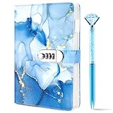 Koogel Diary with Lock, A5 PU leather Journal with Lock 120 Sheets Password Locked Travel Notebook with Crystal Diamond Pen Blue