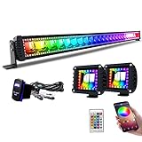 Lpteso RGBW LED Light Bar 52'' inch 300W Flood Spot Combo Beam 2PCS 4 Inch 18W Flood RGB LED Pods with 16 Solid Colors Chasing RGB Halo Ring Changing with Strobe Flashing with Rocker Switch Wiring