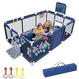 Baby Playpen, Baby Ball Pit with Gate, Safe No Gaps Kids Play Pen Activity Center Play Area w/Breathable Mesh, Non-Slip Suckers, Dark Blue(No Ocean Balls)