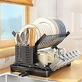Dish Drying Rack, PXRACK Rustproof Collapsible Dish Rack and Drainboard Set for Kitchen Counter, Large Capacity Dish Drainer Organizer with Utensil Holder, Cup Rack, Black