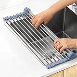 MECHEER Over The Sink Dish Drying Rack, Roll Up Dish Drying Rack Kitchen Dish Rack Stainless Steel Sink Drying Rack, Foldable Dish Drainer, Gray