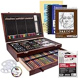 U.S. Art Supply 162-Piece Deluxe Mega Wood Box Art Painting and Drawing Set - Artist Painting Pad, 2 Sketch Pads, 24 Watercolor Paint Colors, 24 Oil Pastels, 24 Colored Pencils, 60 Crayons, 2 Brushes