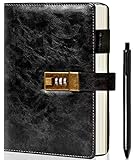 CAGIE Diary with Lock, Waterproof Journal with Lock for Men and Women 192 Pages Mens Locked Journal with Pen& Gift Box, A5 PU Leather Journal for Men, Password Protected Notebook with Lock, Black