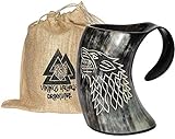 ZAHANAARA Game of thrones stark house drinking horn mug wolf carved tankard for beer wine mead ale Stein with Custom Design hand engraved Polished Finish Authentic 16oz with Burlap Sack unique gift.