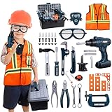 iBaseToy Kids Tool Set - 45 PCS Pretend Play Tool Toys for Toddler, Kids Electric Drill Tool Toys Kit with Working Overalls, Construction Tool Kit Playset Tool Box Gift for Kids Boys Girls