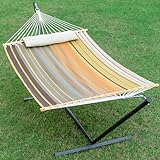 GAFETE Waterproof Double Hammock with Stand for Outside Heavy Duty, 2 Person 55'' Extra Large Quick Dry Textilene Hammocks with Hardwood Spreader Bar, Pillow, Side Pocket, 475lbs Capacity (Coffee)