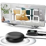 Extra Loud Vibrating Alarm Clock with Bed Shaker for Deep Sleepers Adult Hearing impaired Deaf, Dual Alarms Digital Clock for Bedroom,8.7'' Large Mirror LED Display,USB Charger,Battery Backup,Dimmable