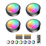 LOINSGLIM Puck Lights with Remote,7 Colors Under Cabinet Lighting Wireless,Battery Operated RGB LED Lights Dimmable, Push Lights for Closet,Kitchen,Under Counter Lights Bar Display Shelf (4pack)