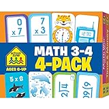 School Zone - Math 3-4 4-Pack Flash Cards - Ages 6+, 3rd Grade, 4th Grade, Multiplication 0-12, Division 0-12, Math War Multiplication Game Cards, Time & Money, Telling Time, Coin Values, and More