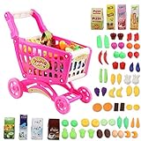 deAO Kids Shopping Cart with Food Shopping Trolley Basket for Toy Shop Kitchen Over 70pcs Play Food Role Play Educational Toy (Pink)