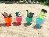 Home Queen Beach Cup Holder with Pocket, Multifunctional Sand Cup Holder for Beverage Phone Sunglass Key, Beach Accessory Drink Sand Coaster, Set of 4 (Teal, Orange, Blue and Pink)