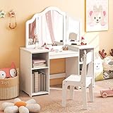 Costzon Kids Vanity, 2 in 1 Princess Makeup Desk & Chair Set with Detachable Tri-Folding Mirror, Storage Shelves, Wooden Toddler Vanity Dressing Table, Pretend Play Vanity Set for Little Girls (White)