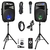 RECK DC 12 Portable 12-Inch 1000 Watts 2-Way Powered Dj/PA Speaker System Combo Set with Bluetooth/USB/SD Card Reader/FM Radio/Remote Control/Speaker Stand/Wired mic