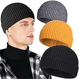 3 Pack Wool Fisherman Beanies for Men, Short Knit Watch Cap Cuffed Trawler Hats,A