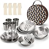 Odoland Camping Messware Kit, Stainless Steel Camping dinnerware, Camping Cooking Tableware, Camping Cutlery Organizer Utensil with Plates and Bowls Set for Backpacking, Hiking, Picnic.
