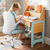SeekFancy Kids Desk Chair Pego300, Blue Kids Study Chair for Boys Girls with Eggshell Design Backrest, Ergonomic Growing Teen Office Chair with Flip up Arms and Wheels, Pu Leather Office Task Chair…