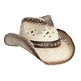 Vamuss Straw Cowboy Hat W/Vegan Leather Band & Beads, Shapeable Brim (Tea Stain)