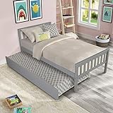 Twin Platform Bed with Trundle, Solid Wood Bed Frame with Headboard, Footboard for Teens Boys Girls,No Box Spring Needed (Grey)
