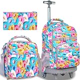 3PCS Rolling Backpack for Women, 19 Inches Travel Roller Bookbag with Wheels, Teen Girls College Backpacks Wheeled - Donuts