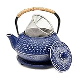 Juvale Cast Iron Teapot with Infuser - Japanese Tea Kettle, Loose Leaf Tetsubin with Handle and Trivet (Blue, 3 Pcs, holds 27 oz, 800 ml)