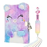 CODACE Plush Diary with Lock and Key for Girls, Fluffy Cute Lock Diary with Multicolored Pen, Plush Secret Locking Diary 160 Pages Notebook for Writing & Drawing, Gift Set for Girls, Daughter, Teen
