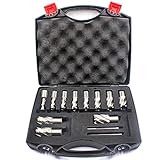 Annular Cutter Set 13 pcs JESTUOUS 3/4 Inch Weldon Shank 1 Cutting Depth and Cutting Diameter from 7/16 to 1-1/16 for Drill Press HSS Standard Kit Two Flat with 2 Pilot Pins