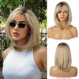 FUHSI Blonde Wigs for Women Ombre Light Blonde Wig with Bangs Layered Middle Length Synthetic Wig Dark Roots Hair for Daily Party
