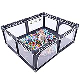 Baby Playpen, ANGELBLISS Playpen for Babies and Toddlers, Extra Large Play Yard with Gate, Indoor & Outdoor Kids Safety Play Pen Area with 3 Plush Toys, Star Print (Dark Grey, 71'×59')