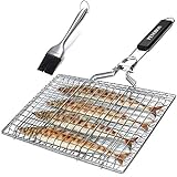 Fish Grilling Basket, Folding Portable Stainless Steel BBQ Grill Basket for Fish Vegetables Shrimp with Removable Handle, Come with Basting Brush and Storage Bag (01)
