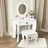 WoodenEdu Kids Vanity Set with Mirror and Stool, Beauty Makeup Vanity Table and Chair Set for Toddlers and Kids, White