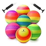 VARIETY SAVINGS Rainbow Playground Balls Set of 7 – Bouncy Balls for Kids, Seniors & Adults – Inflatable Colored Rubber Balls for Kickball, Dodgeball, Handball – Mesh Storage Bag, 2 Pumps & 4 Pins