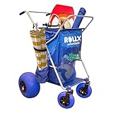 RollX Beach Cart with 4 Balloon Wheels for Sand, Foldable Storage Wagon with Rear 13 Inch Beach Tires, Front 7 Inch Beach Tires (Pump Included) (Blue)