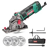 Mini Circular Saw, HYCHIKA Compact Circular Saw Tile Saw with 3 Saw Blades 4A Pure Copper Motor, Scale Ruler, 3-3/8”4500RPM Ideal for Wood, Soft Metal, Tile and Plastic Cuts