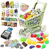 deAO Kids Shopping Cart Trolley for Groceries Toddlers 65 Food Fruit Vegetables Pretend Play Food Role Play Educational Toy Play Kitchen Toys Store Playset (Green)