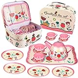 Kids Tea Set for Little Girls, Princess Tea Party Set for Toddlers Tea Time Pretend Toy with Metal Teapots Cups Plates Coasters Spoons Carry Case, Kids Kitchen Pretend Play Toys for Girls Age 3 4 5 6