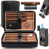 TISFA Cigar Humidor, Leather Cedar Wood Cigar Case with Cigar Lighter, V Cut Cigar Cutter, Cigar Holder 3 in 1, Portable Travel Cigar Humidor Box with Humidifier (Black)