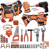 Toy Tool Set for Boys 46pcs Pretend Play Construction Toy with Storage Bag&Kids Toolbelt, Electric Drill Toy, Tape Measure, Goggle Toys Durable Kids Tool Accessories for 3 4 5 6 Year Old Kids