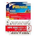 Filtrete 20x25x5 Air Filter, MPR 1000, MERV 11, Micro Allergen Defense Pleated 5-Inch Air Filters, 2 Filters, White
