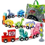 Dinosaur Toys for Kids 2-4 Gifts, Wooden Educational Dinosaur Train Set for Toddlers Age 3-5 with Playmat/Storage Bag, Montessori Educational Toys for 2+ Years Old Boys & Girls
