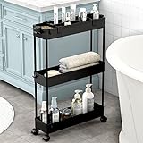 SPACELEAD Slim Storage Cart,3 Tier Bathroom Rolling Slide Out Utility Cart, Mobile Shelving Unit Organizer Trolley for Office Bathroom Kitchen Laundry Room Narrow Places, Black