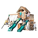 Swing-N-Slide WS 8353 Knightsbridge Deluxe Wooden Swing Set with Two Slides, Climbing Wall, Swings, Glider & Picnic Table, Wood
