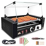 1400W Hot Dog Roller Machine, Dual Temp Control Commercial Electric Contact Grills with Removable Stainless Steel Drip Tray and Cover, 18 Hot Dog 7 Rollers Cooker for Party Home
