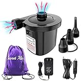 Electric Air Pump, 110V AC/12V DC Portable Air Mattress Pump Two-Way Universal Inflator Electric Pump for Inflatables Pool, Airbeds, etc with 3 Nozzles and 1 Storage Bag