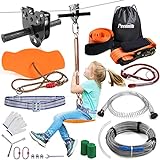Zipline Kits for Backyard Kids,with 6ft Zipline Spring Brake and Belt,Zip line Trolley with Handle,seat and Bag (100ft)