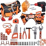 Toy Tool Set for Boys 46pcs Pretend Play Construction Toy with Storage Bag&Kids Toolbelt, Electric Drill Toy, Tape Measure, Goggle Toys Durable Kids Tool Accessories for 3 4 5 6 Year Old Kids Boys