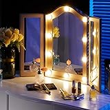 LUXFURNI Vanity Lighted Tri-fold Makeup Mirror with 10 Dimmable LED Bulbs, Touch Control Lights Tabletop Hollywood Cosmetic Mirror (Rose Gold)