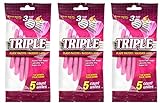 Women's Disposable Razors with Lubricating Strips, Triple (Three) Blade, Rubber Grip, 15-ct Set