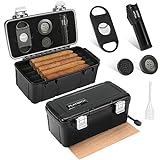 PLAYWITH Travel Cigar Humidor Box Case With Cigar Accessories Cigar Lighter &Spanish Cedar &Humidifier Cigar Cutter & Electronic Hygrometer Separate Accessory Storage Space Can Hold 13-15 Cigars